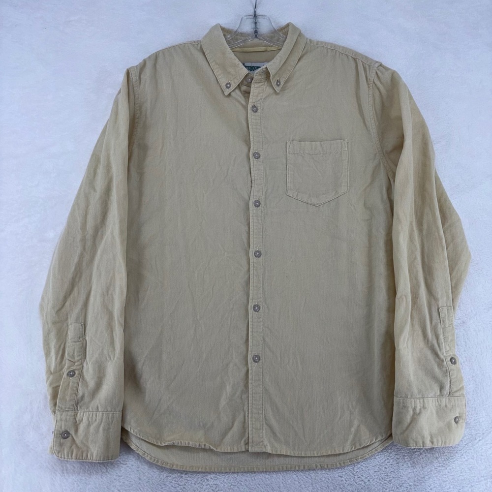 Wellen Mens Organic Cotton Corduroy Button Down Shirt Tan Yellow Large Peppy